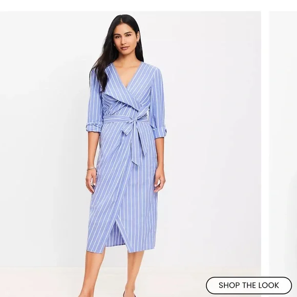 LOFT Blue and White Striped Long Sleeve Dress Twisted Midi NO BELT NWT size 12 - Picture 1 of 10